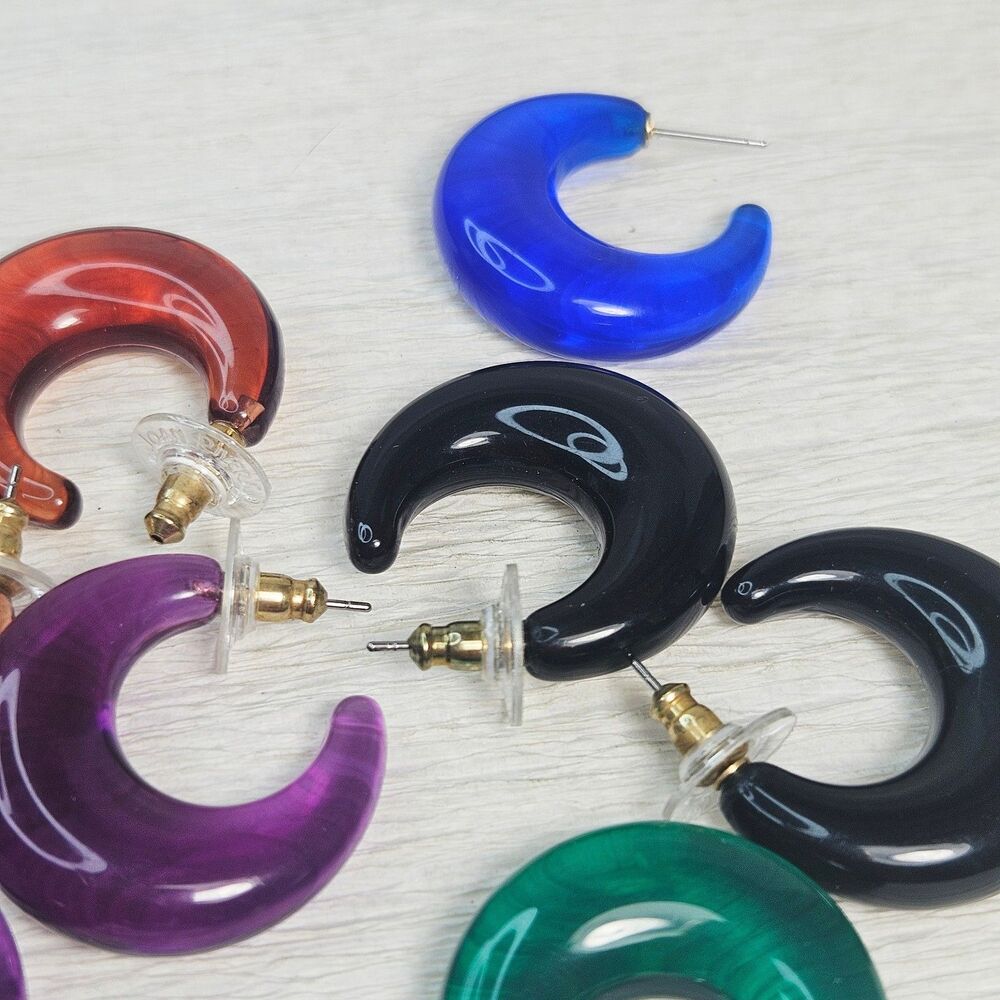 Joan Rivers 4 Pr Clear Puffy Hoop Earrings Green Black Purple Brown - Picture 8 of 12